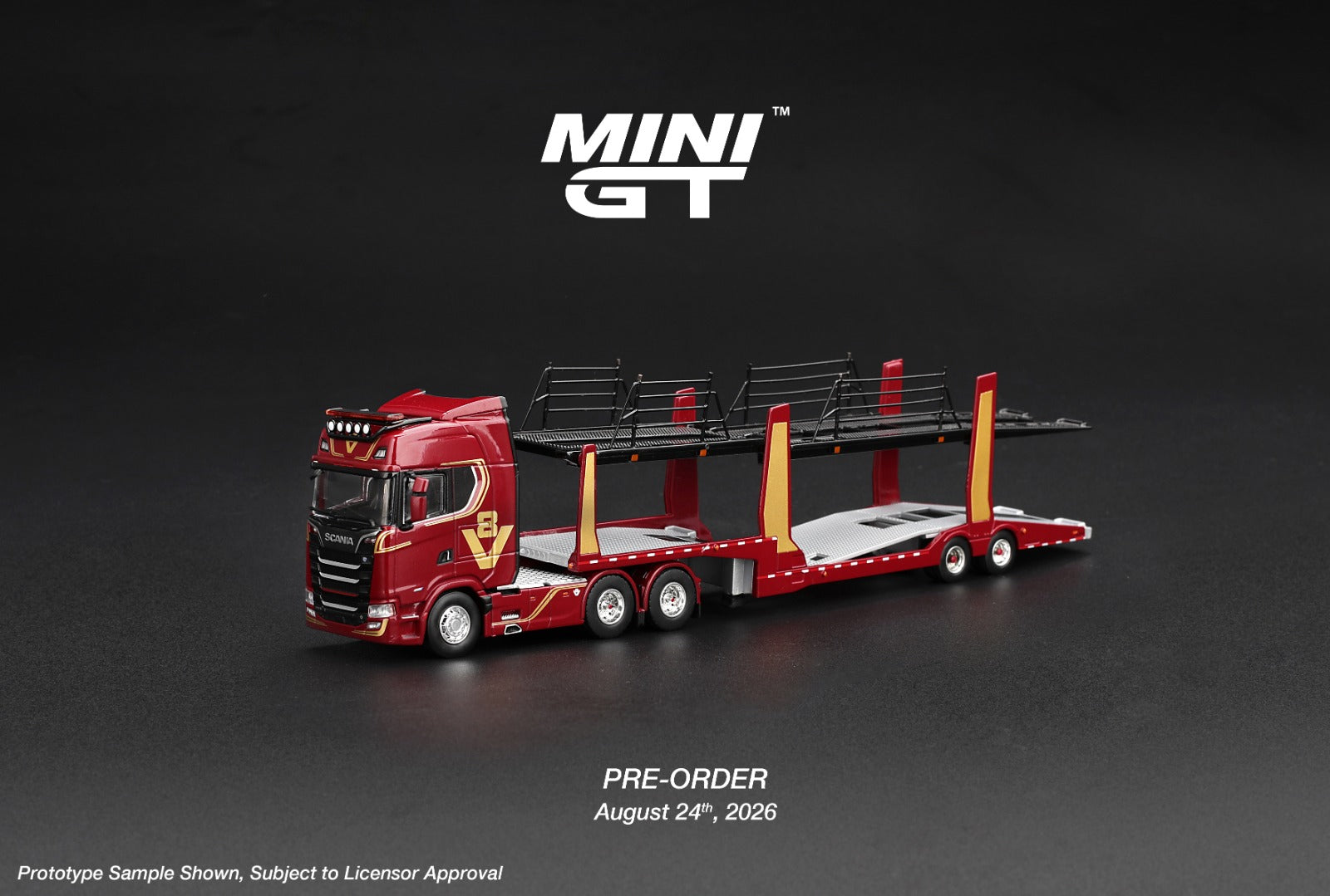 Mini GT SCANIA 770S A6X4NA CAR TRANSPORTER V8 50TH ANNIVERSARY WITH CAR TRANSPORTER RED  #1350 - Pre-Order