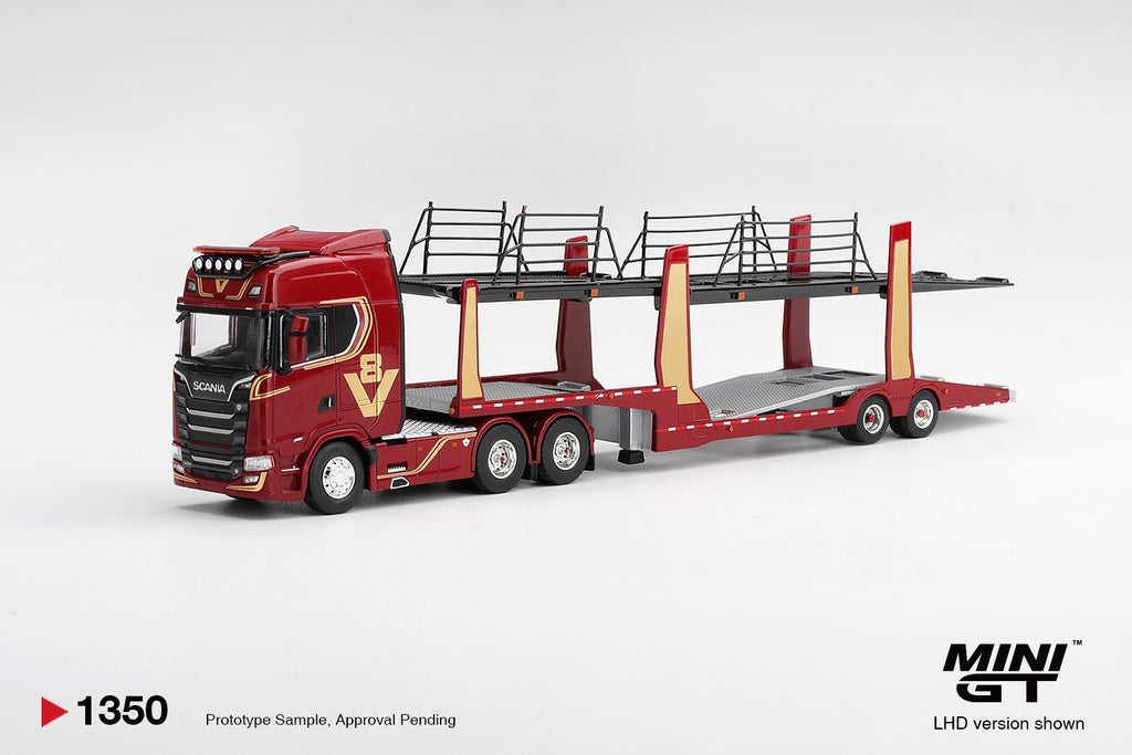 Mini GT SCANIA 770S A6X4NA CAR TRANSPORTER V8 50TH ANNIVERSARY WITH CAR TRANSPORTER RED  #1350 - Pre-Order