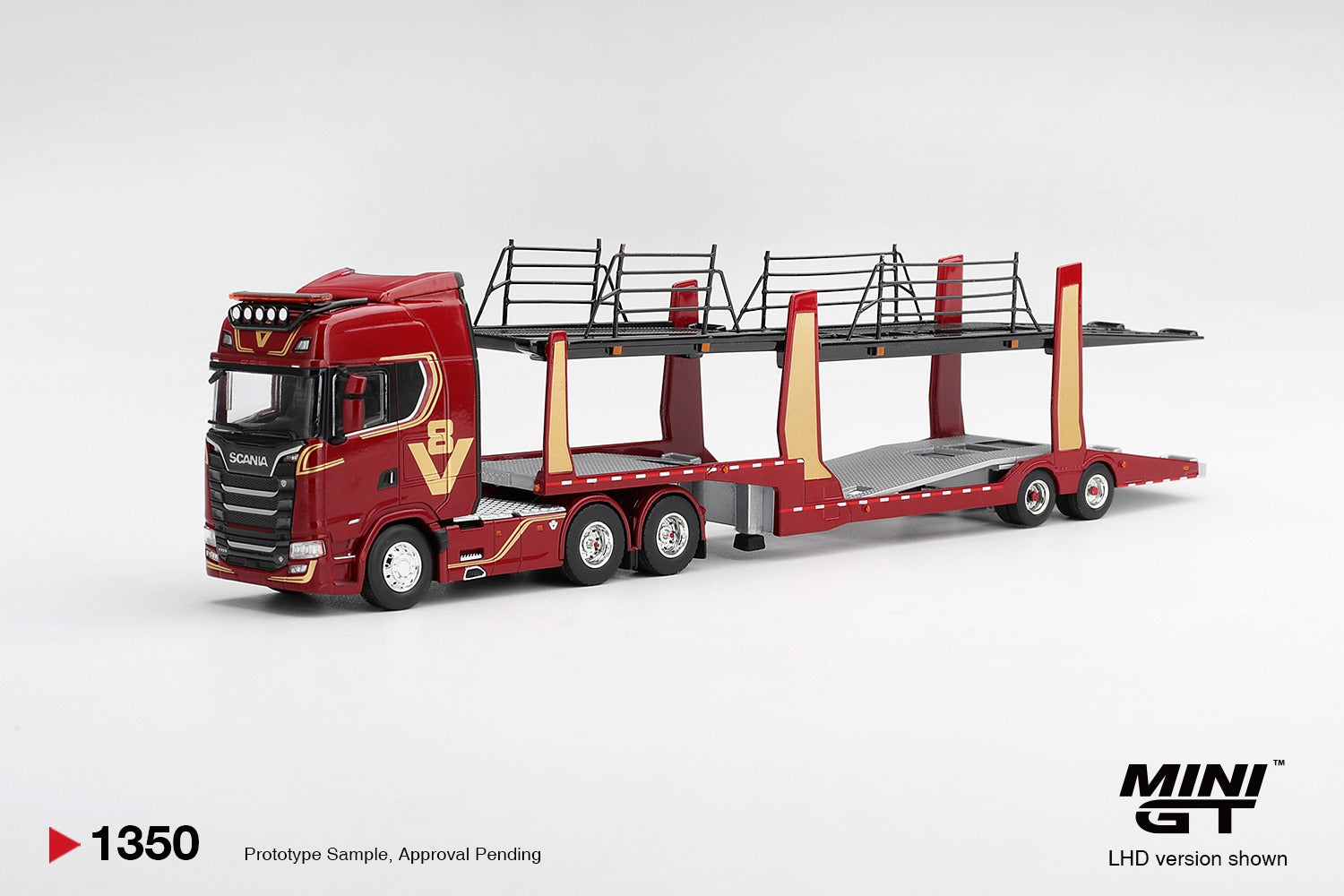 Mini GT SCANIA 770S A6X4NA CAR TRANSPORTER V8 50TH ANNIVERSARY WITH CAR TRANSPORTER RED  #1350 - Pre-Order
