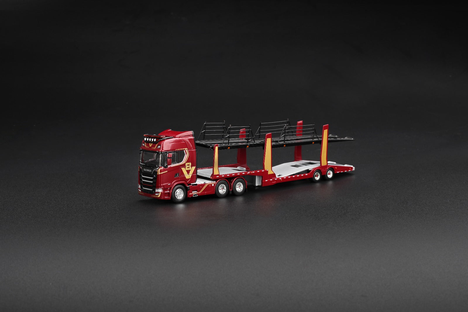 Mini GT SCANIA 770S A6X4NA CAR TRANSPORTER V8 50TH ANNIVERSARY WITH CAR TRANSPORTER RED  #1350 - Pre-Order