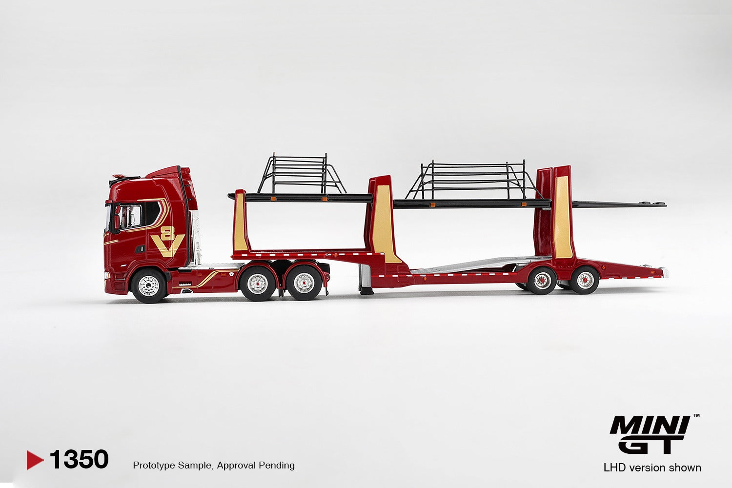 Mini GT SCANIA 770S A6X4NA CAR TRANSPORTER V8 50TH ANNIVERSARY WITH CAR TRANSPORTER RED  #1350 - Pre-Order