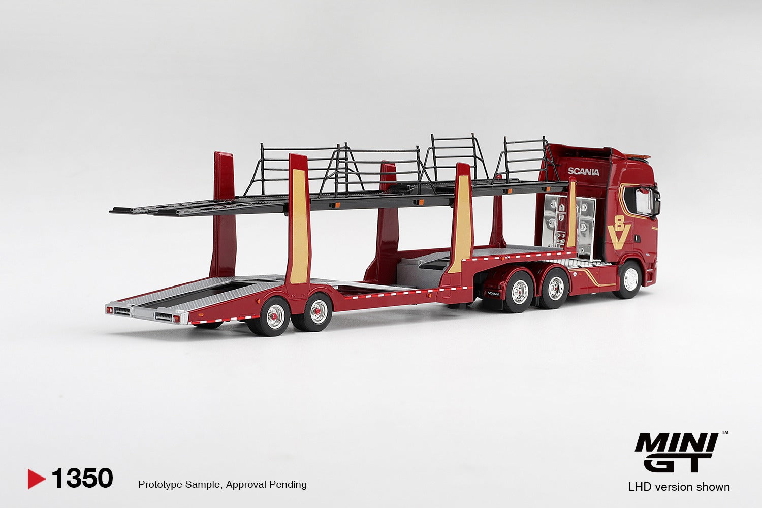 Mini GT SCANIA 770S A6X4NA CAR TRANSPORTER V8 50TH ANNIVERSARY WITH CAR TRANSPORTER RED  #1350 - Pre-Order