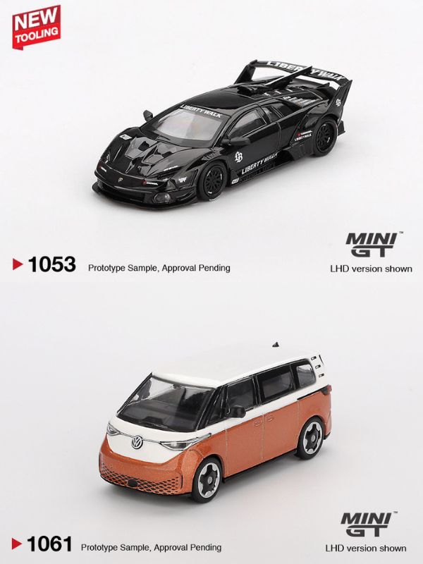 Mini GT Lamborghini LB-Silhouette WORKS MURCIELAGO GT Evo Black #1053 + Mini GT Volkswagen ID.Buzz Candy White / Energetic Orange #1061 (Bundle)