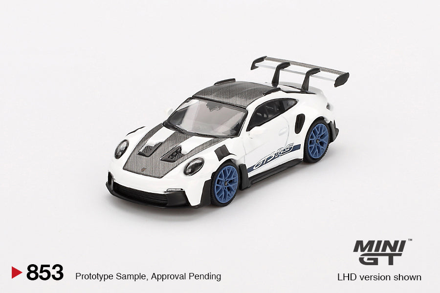 Mini GT Porsche 911 (992) GT3 RS Weissach Package White with Indigo Blue #853