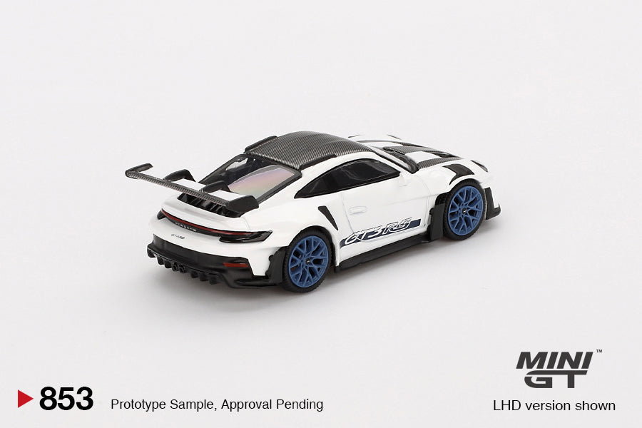 Mini GT Porsche 911 (992) GT3 RS Weissach Package White with Indigo Blue #853