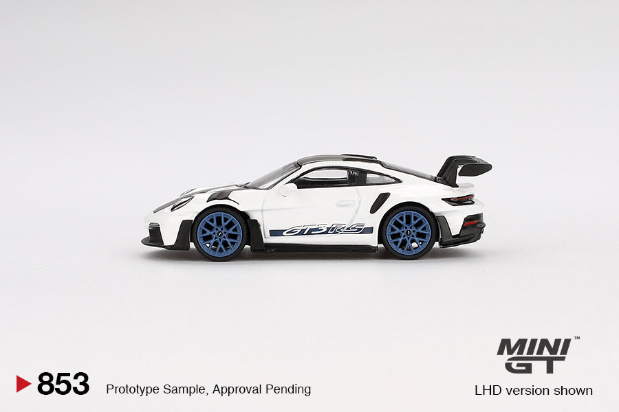 Mini GT Porsche 911 (992) GT3 RS Weissach Package White with Indigo Blue #853