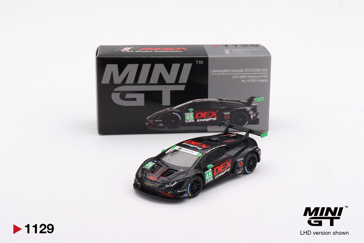 Mini GT Lamborghini Huracán GT3 EVO2 #45 No. 45 DEX Imaging  2024 IMSA Daytona 24 Hrs #1129 (BOX)
