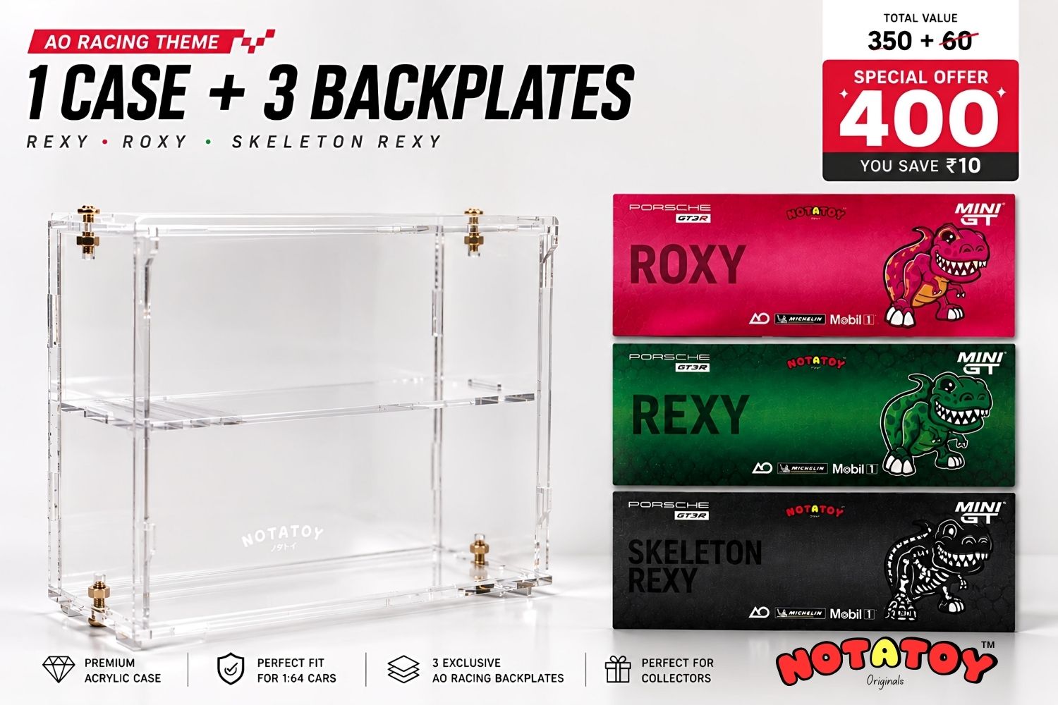 Notatoy NOTATOY Acrylic Display Case for Mini GT (1 Piece) + AO Racing Theme Backplate Bundle (3 Designs)
