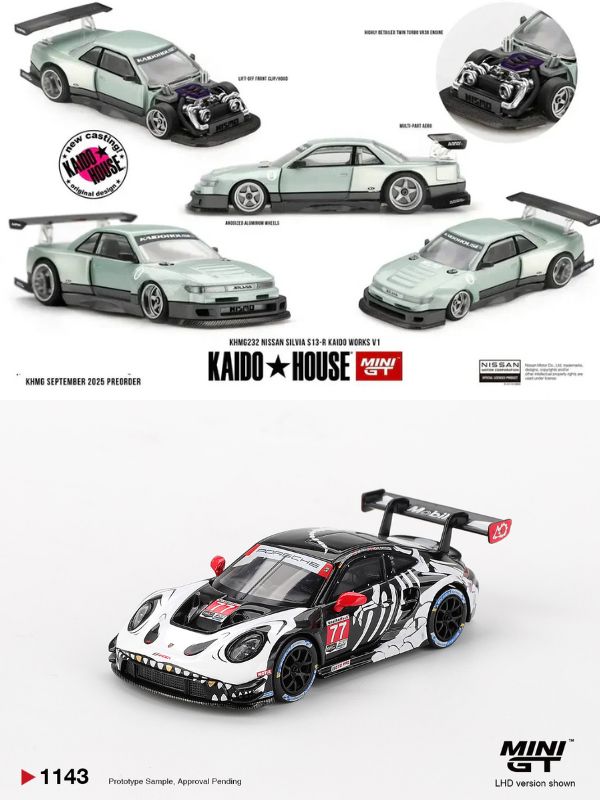 Mini GT Porsche 911 GT3 R #77 AO Racing 2025 IMSA Petit Le Mans #1143 (BOX) + Mini GT Nissan Silvia S13-R Kaido Works V1 #232