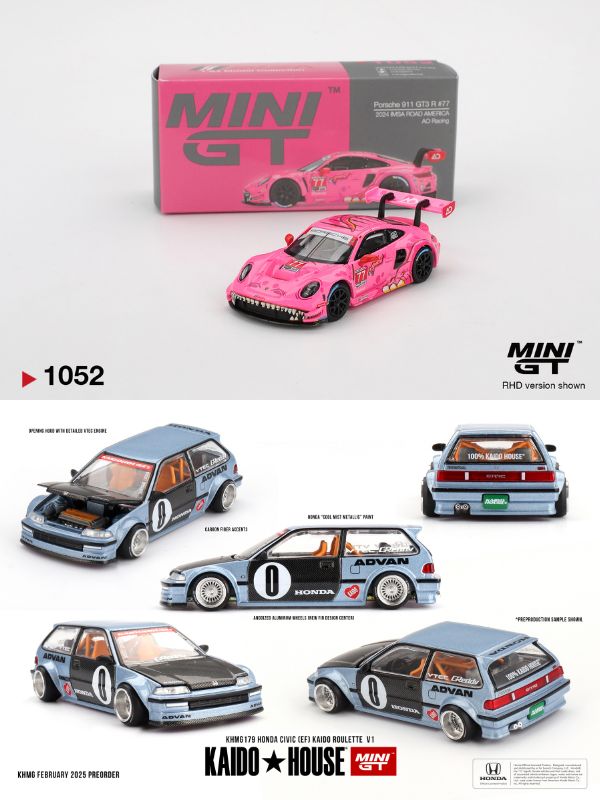 Mini GT Porsche 911 GT3 R #77 AO Racing 2024 IMSA Roxy #1052 + Mini GT Honda Civic (EF) KH Roulette V1 #179 (Bundle) - Last piece