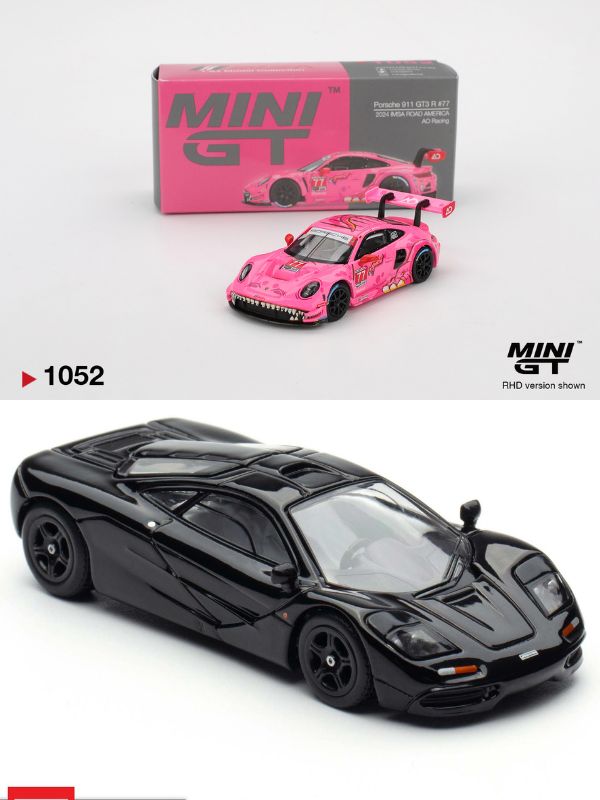 Mini GT Porsche 911 GT3 R #77 AO Racing 2024 IMSA Roxy #1052 + Pop Race McLaren F1 Jet Black #PR640230 (Bundle) - Last piece