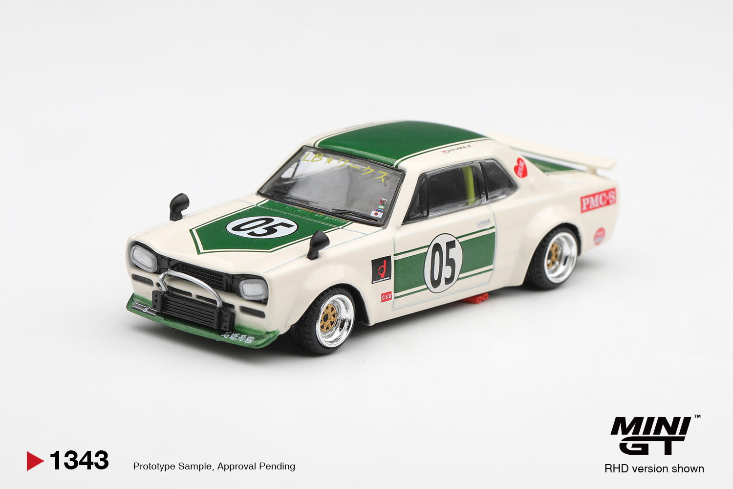 (Pre-Order) Mini GT NISSAN SKYLINE LBWORKS HAKOSUKA WHITE  GREEN #1343 (BOX)