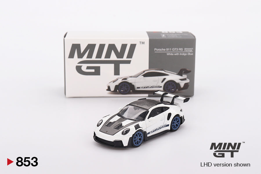 Mini GT Porsche 911 (992) GT3 RS Weissach Package White with Indigo Blue #853