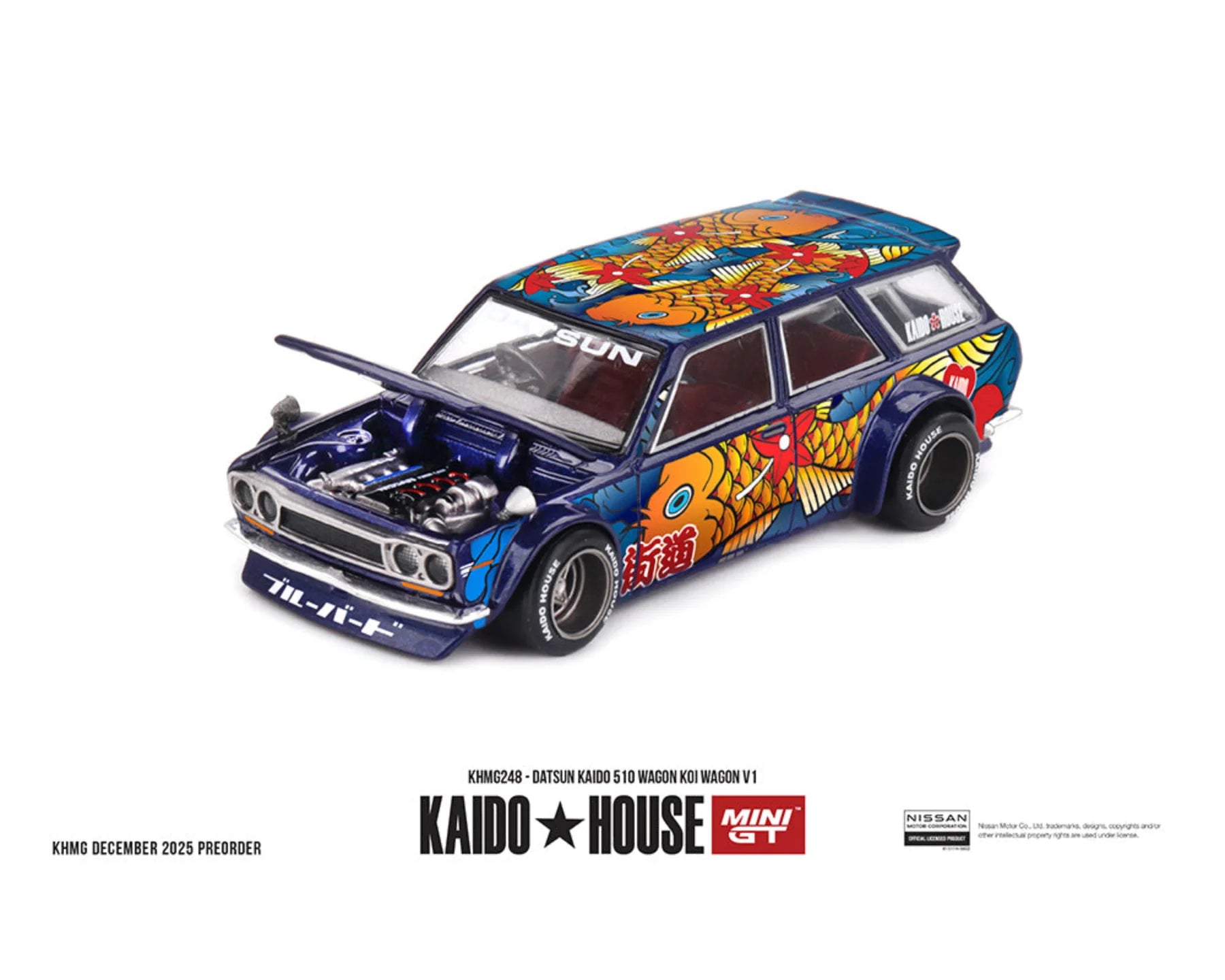 Mini GT Kaido House x Mini GT Datsun KAIDO 510 Wagon Koi Wagon V1- Blue #KHMG248