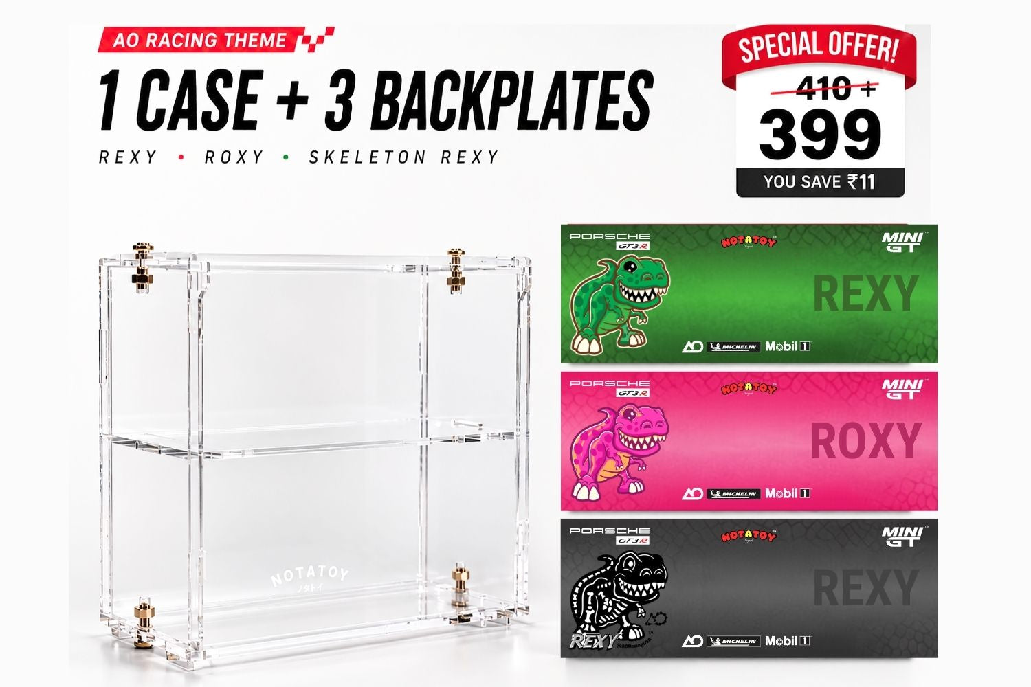 Notatoy NOTATOY Acrylic Display Case for Mini GT (1 Piece) + AO Racing Theme Backplate Bundle (3 Designs)